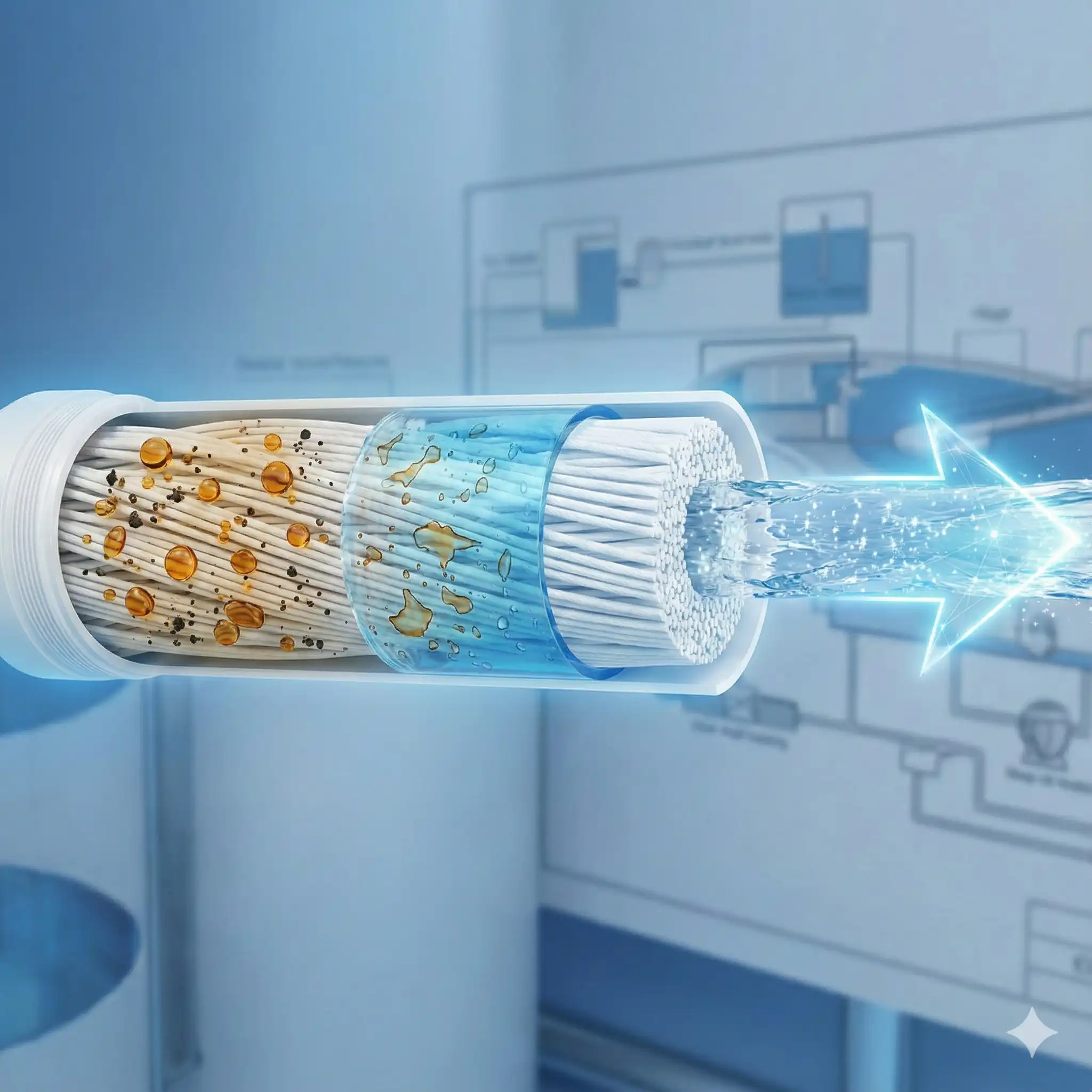 Ilustração conceitual 3D mostrando o interior de uma membrana de ultrafiltração sendo purificada. A arte representa a separação de glóbulos de óleo mineral e a passagem de água límpida, simbolizando a eficiência do processo de limpeza química da Kurita.