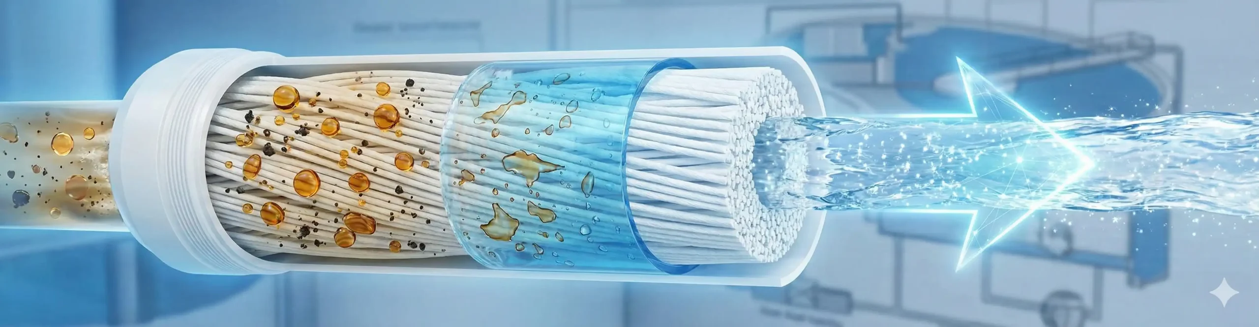 Ilustração conceitual 3D mostrando o interior de uma membrana de ultrafiltração sendo purificada. A arte representa a separação de glóbulos de óleo mineral e a passagem de água límpida, simbolizando a eficiência do processo de limpeza química da Kurita.